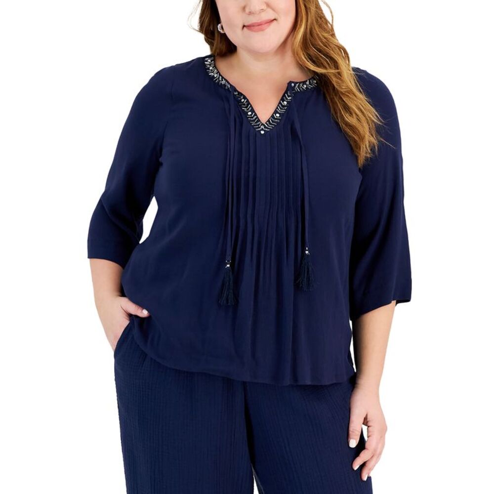 Plus Size Beaded-Neck Gauze Top